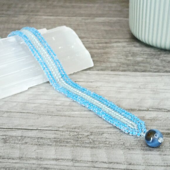 Boho Beaded Gemstone Bracelet, Blue Lace Agate Seed Bead Jewelry. 7" - Picture 3 of 11